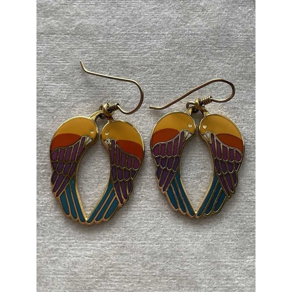 vintage Laurel Burch Signed Dangle earrings Enamel Love Bird Estate Jewelry